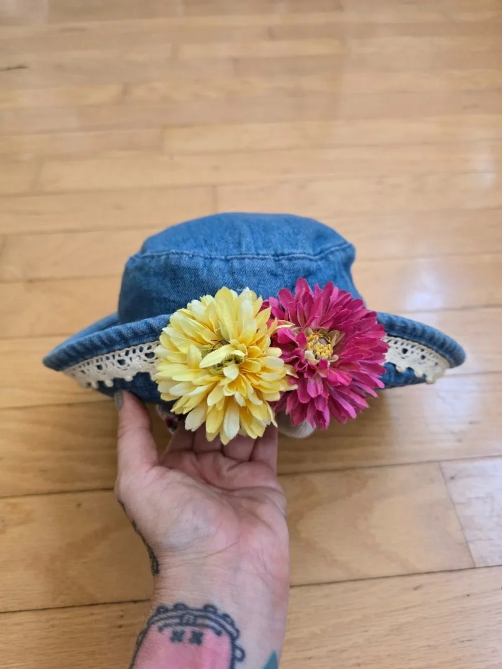 Vintage 90s Blossom Denim Bucket Hat with Crochet Lace & Faux Flowers